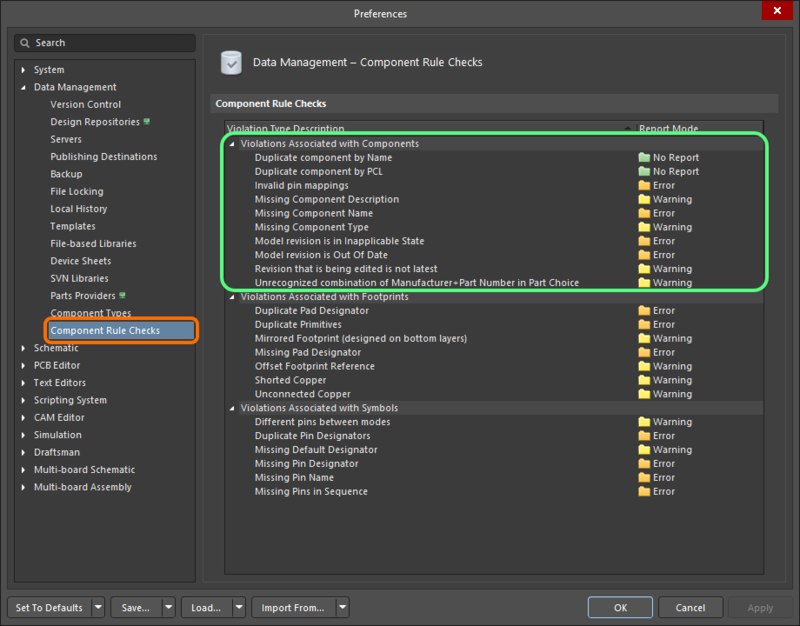 The Violations Associated with Components region on the Data Management – Component Rule Checks page of the Preferences dialog
