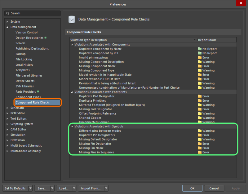 The Violations Associated with Symbols region on the Data Management – Component Rule Checks page of the Preferences dialog
