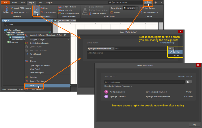 The Share dialog is command central for sharing a design from within CircuitMaker.