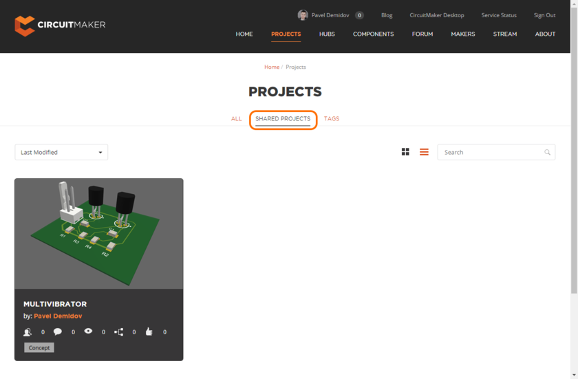 The projects published by you can be found under the Shared Projects tab.