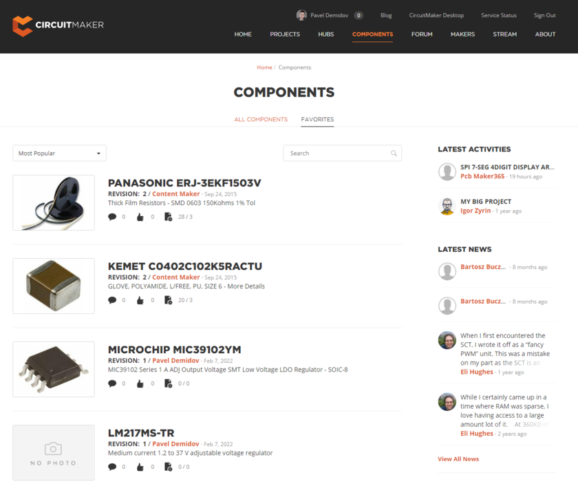 The list of your favorite components can be viewed on workspace.circuitmaker.com.