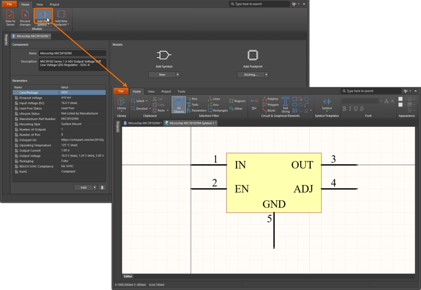 Create a new component model using the relevant editor. Here is shown the Schematic Library editor. Hover the cursor over the image to see the PCB Footprint Library editor.