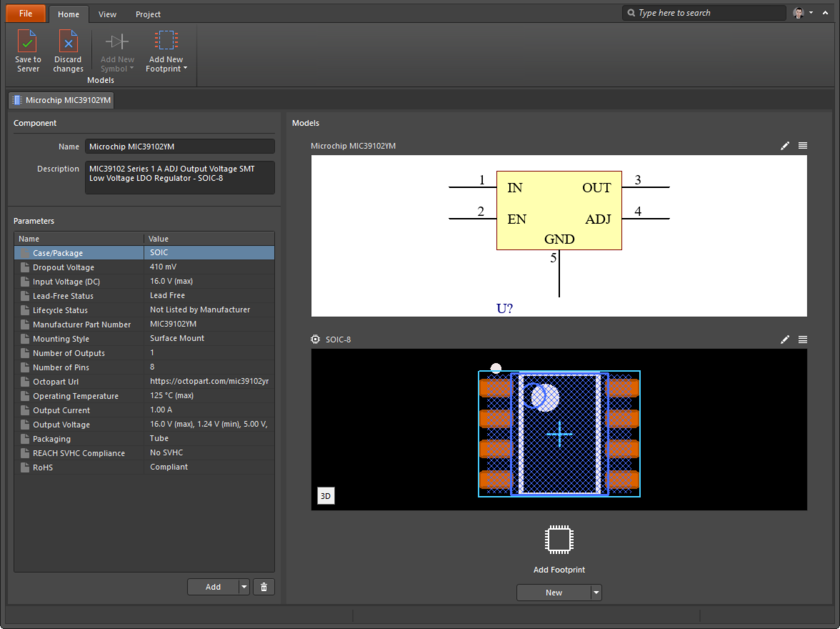 The Component Editor showing previews of its associated symbol and footprint models, prior to being saved to the community library as a 'full' component.