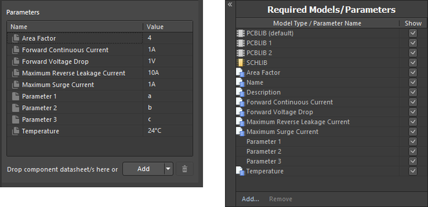 Example of parameters after linking to a revision of a component template, when using the Component Editor in Single Component Editing mode (left) and Batch Component Editing mode (right).