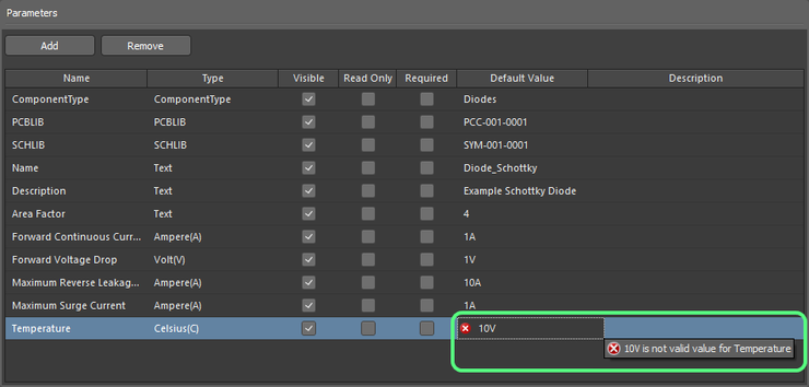 Example of data validation in action within the Component Template Editor.