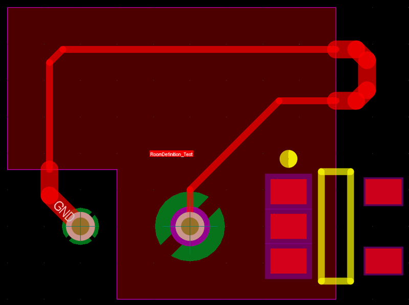 Note that within the room, the routing width, the plane connection style, and the solder mask expansion have different values from the values outside of the room.
