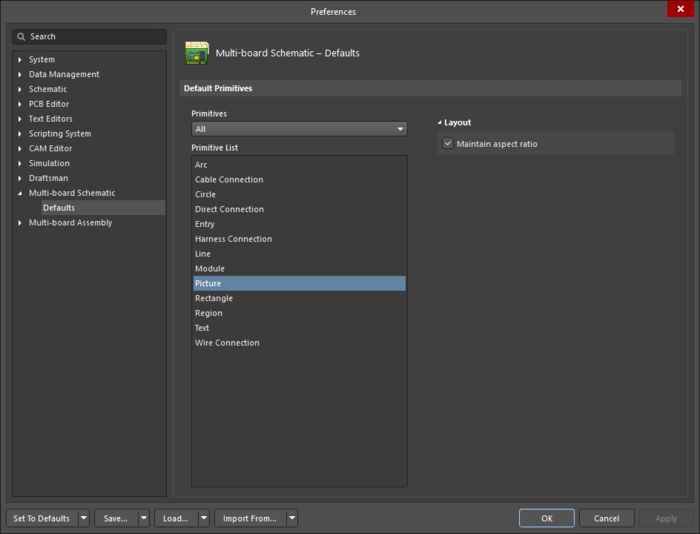 The Picture object default settings in the Preferences dialog and the Picture mode of the Properties panel