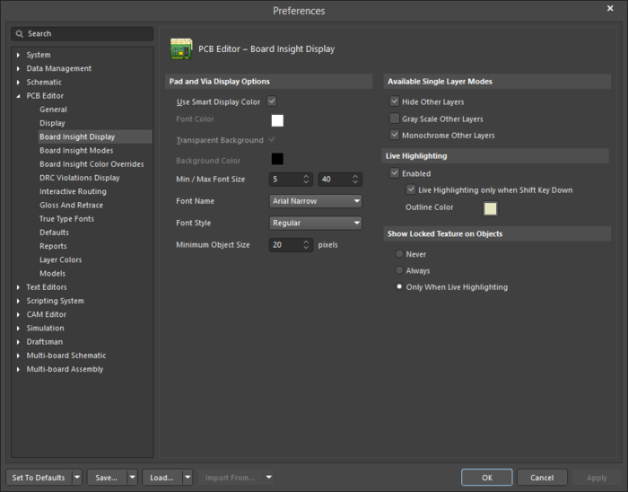 The PCB Editor - Board Insight Display page of the Preferences dialog
