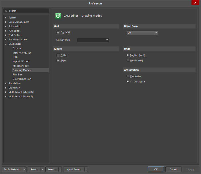 The CAM Editor - Drawing Mode page of the Preferences dialog