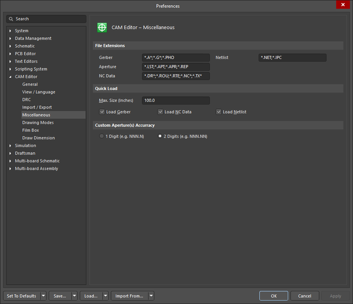 The CAM Editor - Miscellaneous page of the Preferences dialog