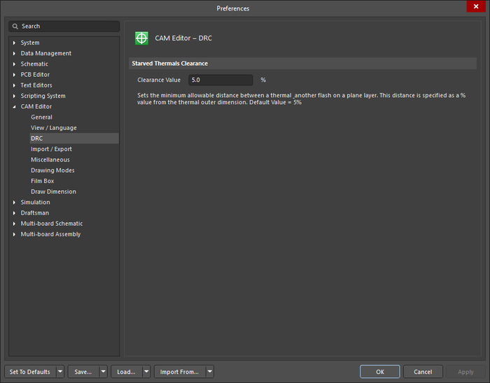 The CAM Editor - DRC page of the Preferences dialog