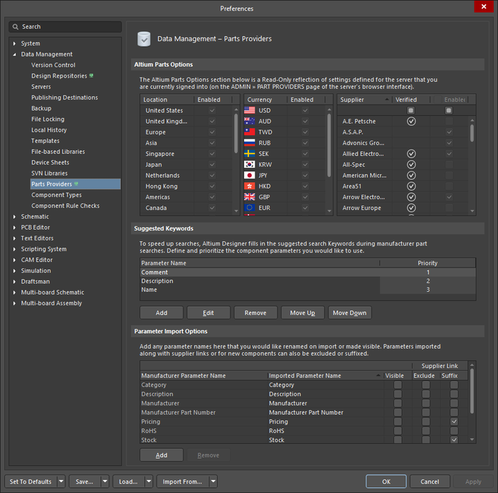 The Data Management – Parts Providers page of the Preferences dialog when connected to a Workspace. Hover over the image to view the page when not connected to a Workspace.