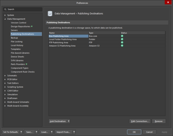 The Data Management – Publishing Destinations page of the Preferences dialog