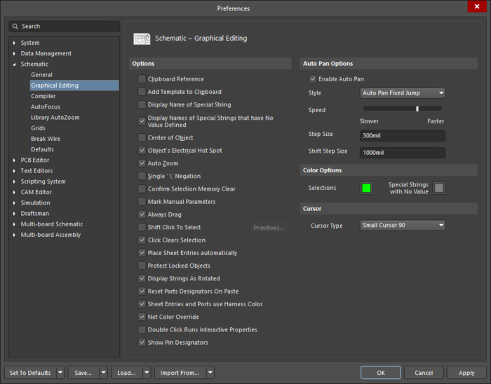 The Schematic – Graphical Editing page of the Preferences dialog