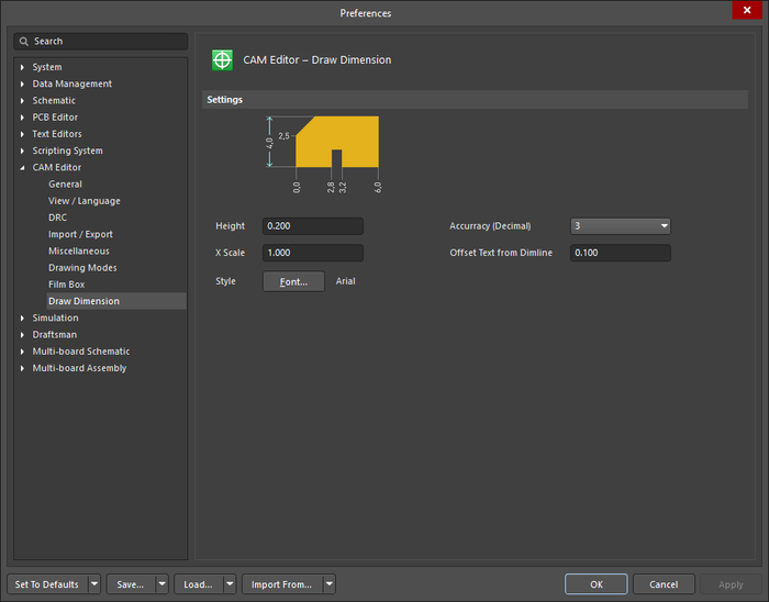 The CAM Editor - Draw Dimension page of the Preferences dialog