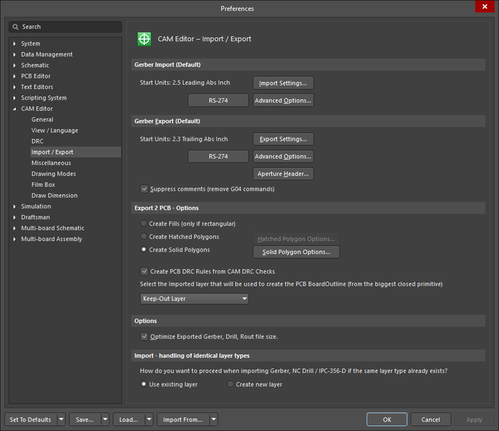 The CAM Editor - Import / Export page of the Preferences dialog
