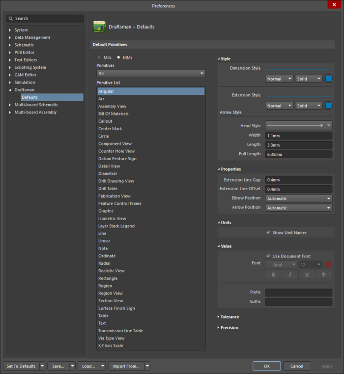 The Draftsman – Defaults page of the Preferences dialog displaying the Angular primitive as an example.