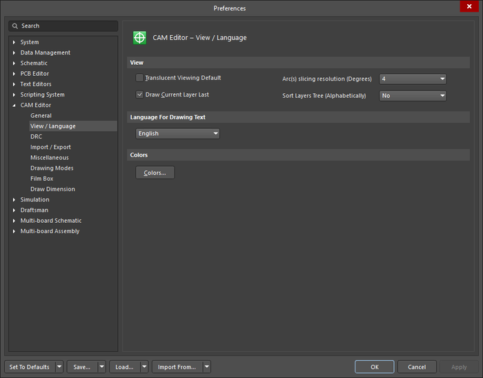 The CAM Editor - View / Language page of the Preferences dialog