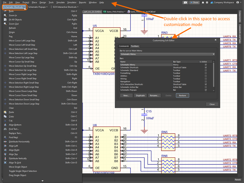 Access a listing of shortcuts when customizing an editor. Shown here is the listing of general shortcuts for the Schematic Editor (notice that there is also a listing of interactive shortcuts). Hover over the image to see the listing of general shortcuts for the PCB Editor.