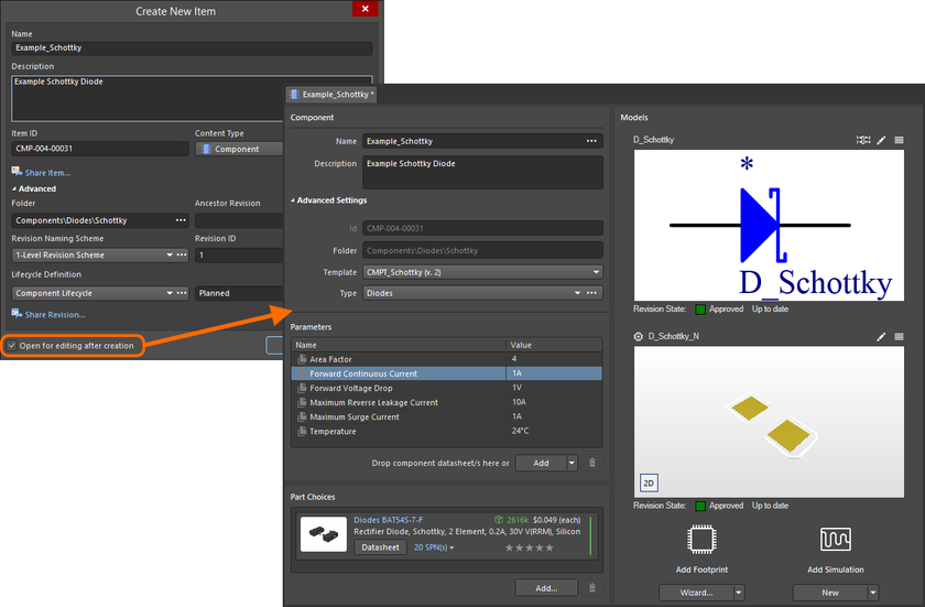 Example of editing the initial revision of a component, directly from the Workspace – the temporary Component Editor provides the controls with which to define your component (shown in its default Single Component Editing mode).