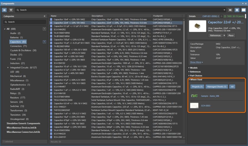 Inspecting where a component (latest revision) is used, through the Components panel.