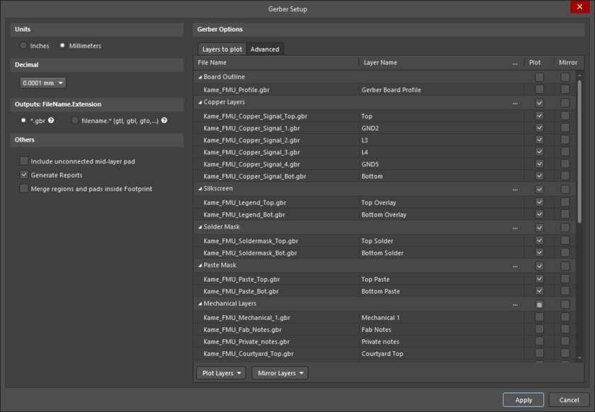 The Gerber Setup dialog. Hover the mouse over the image to alternate between the Layers to plot and Advanced tabs.