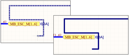 Placing a Bus segment in Auto Wire mode, as indicated by the dotted path line. When placed (right), the Bus path will automatically avoid obstacles.