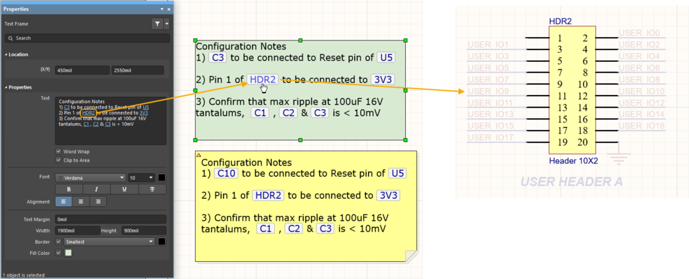 Each live link is highlighted by a box, click on a link to cross probe to that component or net.
