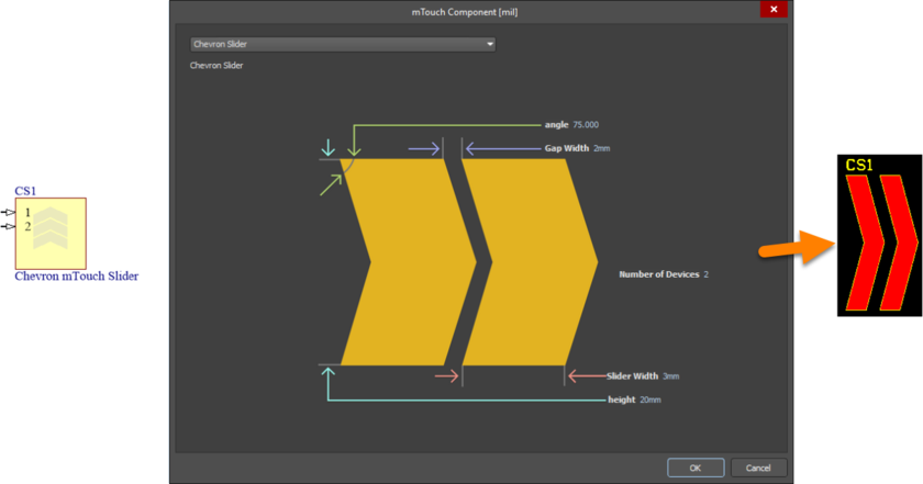 Default configuration and resulting sensor pattern for the mTouchChevronSlider component