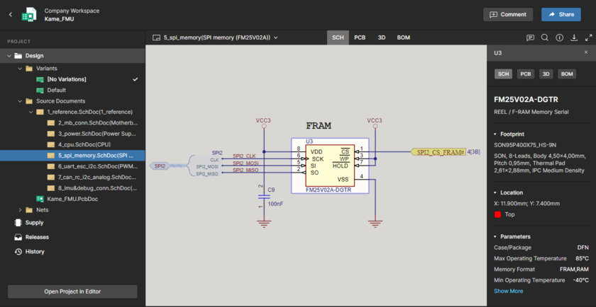 The Design view utilizes Altium's Web Viewer functionality to provide detailed review access the project's source schematic and PCB documents. Shown here is a schematic – hover over the image to see the PCB.
