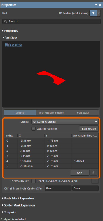Set the pad shape as custom and make the required changes through the Pad mode of the Properties panel.