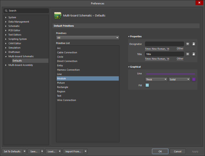 The Module object default settings in the Preferences dialog, and the Module mode of the Properties panel