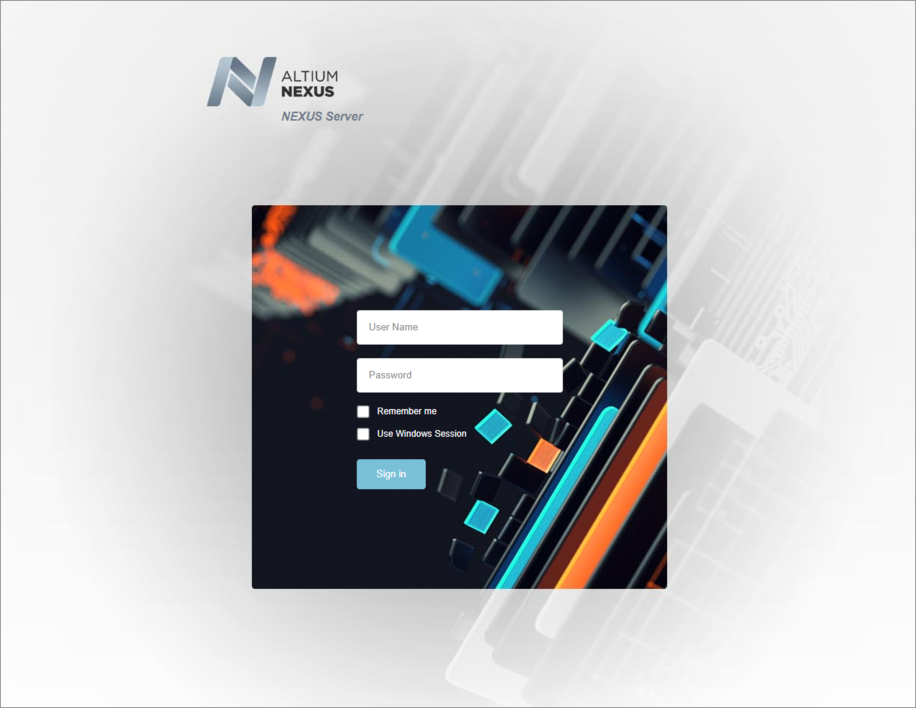 Access the NEXUS Server and its associated platform services through a preferred external Web browser. Hover over the image to see the effect of successfully signing in to the interface.