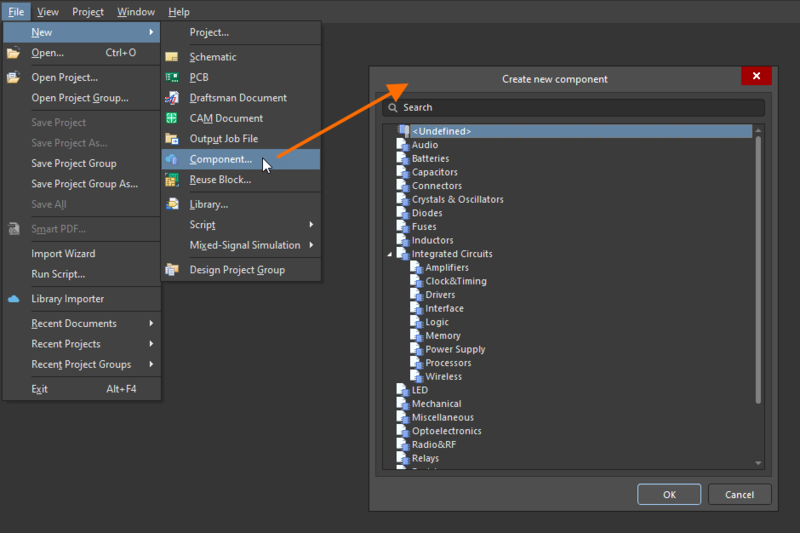 Access the Create new component dialog to select a component type of the component to be created.
