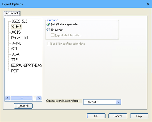 SOLIDWORKS Export Options dialog, configuring for STEP export