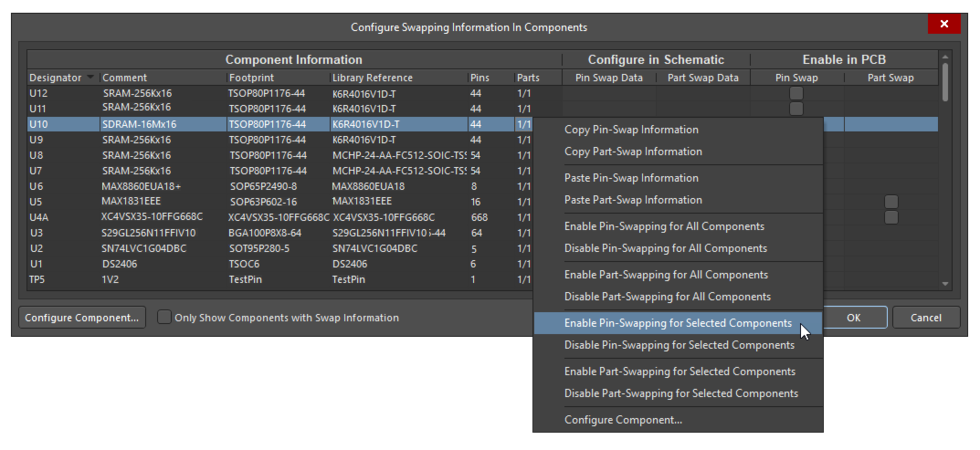 The Configure Swapping Information In Components dialog.