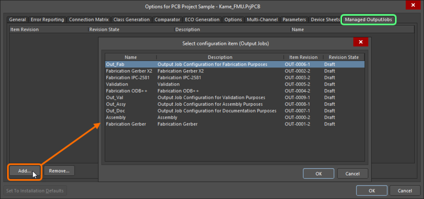 Manually choosing a revision of an outputjob from within the Managed OutputJobs tab of the Project Options dialog.