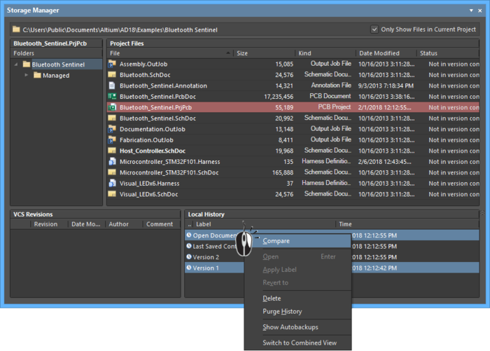 Storage Manager panel, comparing selected files via the right-click menu