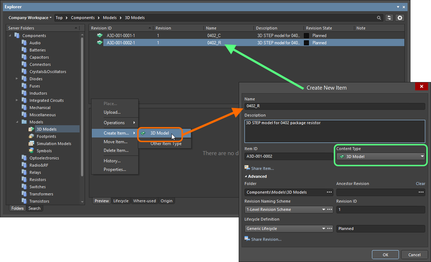 Creating a 3D Model Item within a 3D Models folder – the correct Content Type is available on the context menu.