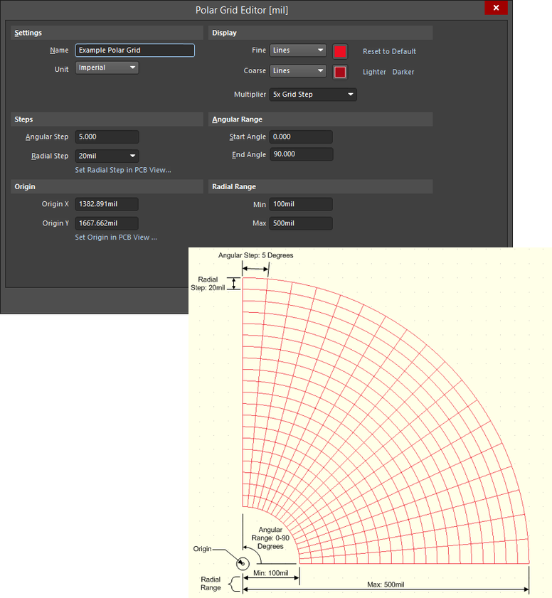 Example Polar grid definition using the Polar Grid Editor dialog and resulting appearance in the design space.