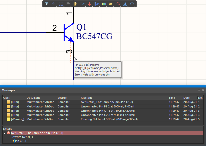 Schematic error checking, demonstrating how to inspect the error condition