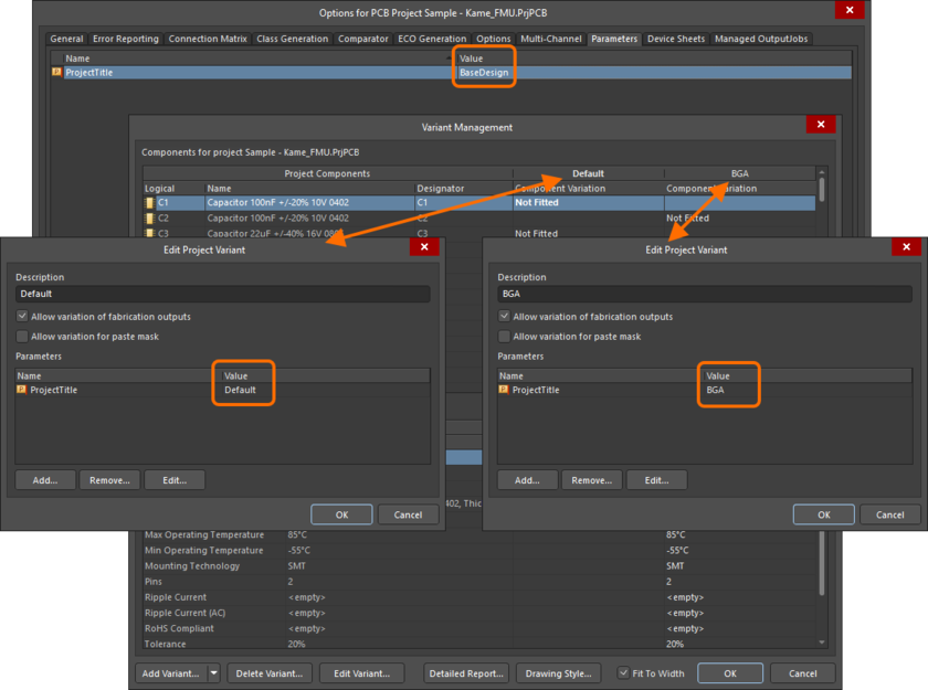 A ProjectTitle parameter added to the project (via the Project Options dialog) has also been added to each design Variant, but with a different Value in each case.