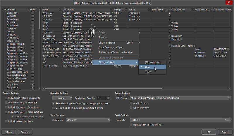 Output interfaces, such as the Report Manager or the OutputJob editor, include variant selection features