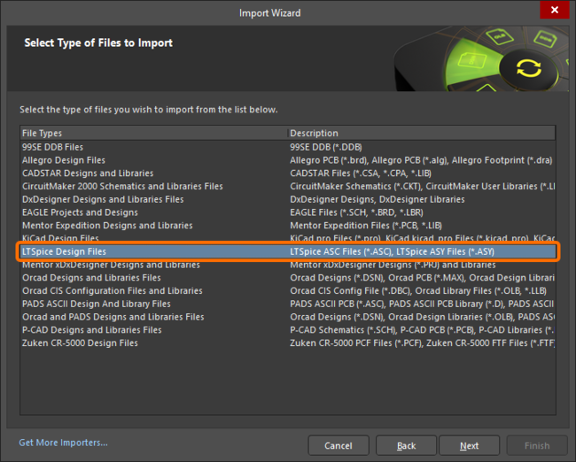 Select LTSpice Design Files in the Import Wizard to import LTspice files.