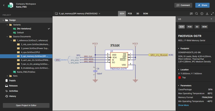 The Design view utilizes Altium's Web Viewer functionality to provide detailed review access the project's source schematic and PCB documents. Shown here is a schematic – hover over the image to see the PCB.