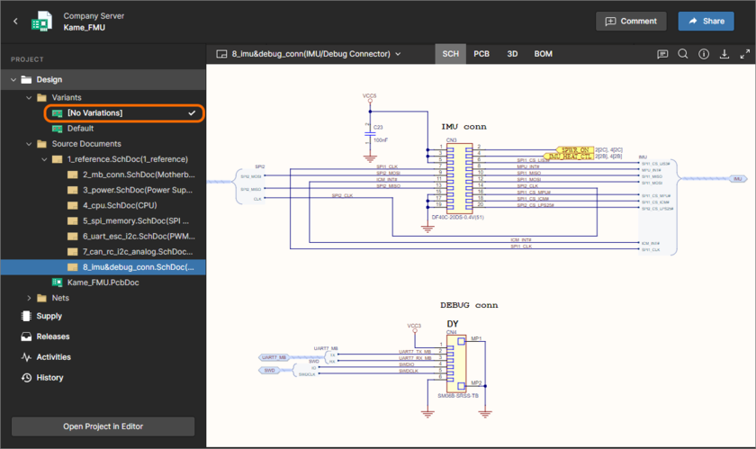 By default, the base design ([No Variations]) will be presented (shown here in the SCH data view). Use the controls in the left-hand navigation pane to switch to a different variant.