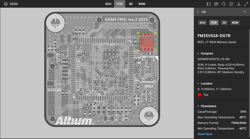 The PCB data view supports the selection of components, pads, vias, track segments and nets. Here, a selected component is shown.