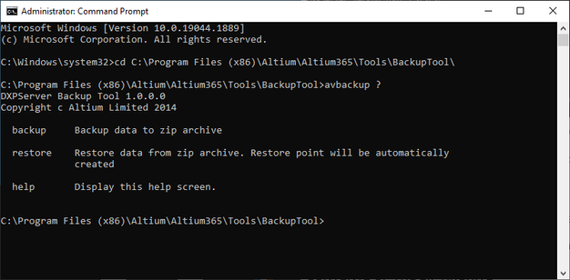 Accessing the backup tool through a Command Prompt (run as administrator).