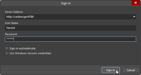 Signing in to server caddesign in Altium Designer.