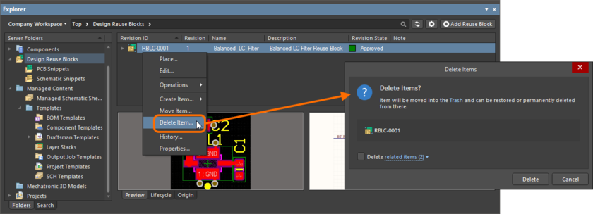 Soft deletion of a reuse block from within the Explorer panel. The content will be moved to the Workspace's Trash area.